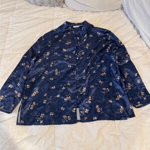 Vintage Kathryn Blue Satin Floral Pajama Top - Button Up, Size XL